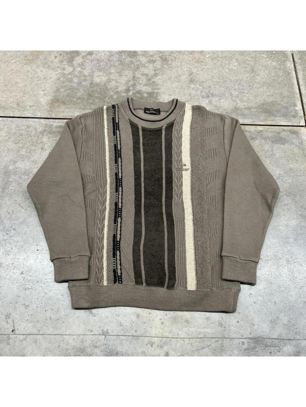 vintage dunlop motorsports beige brown and white striped sweater size large
